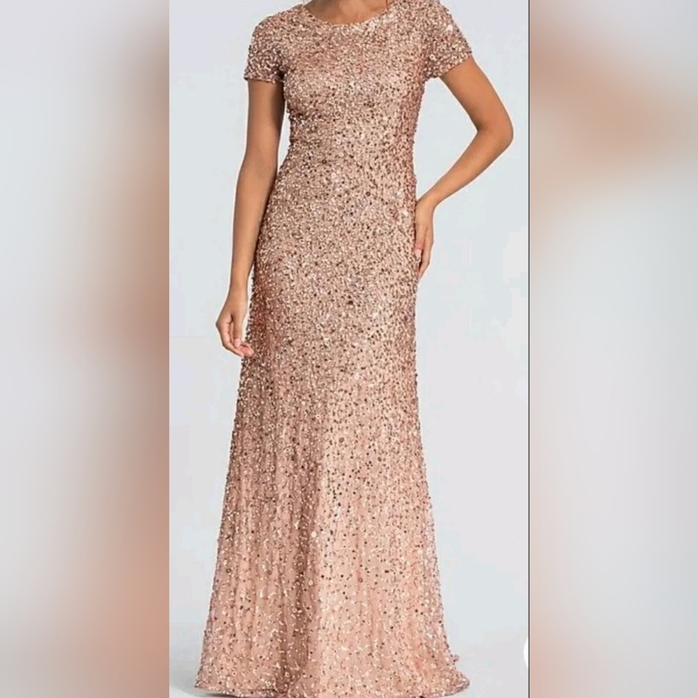 Adrianna Papell Rose Gold Sequin Maxi Dress